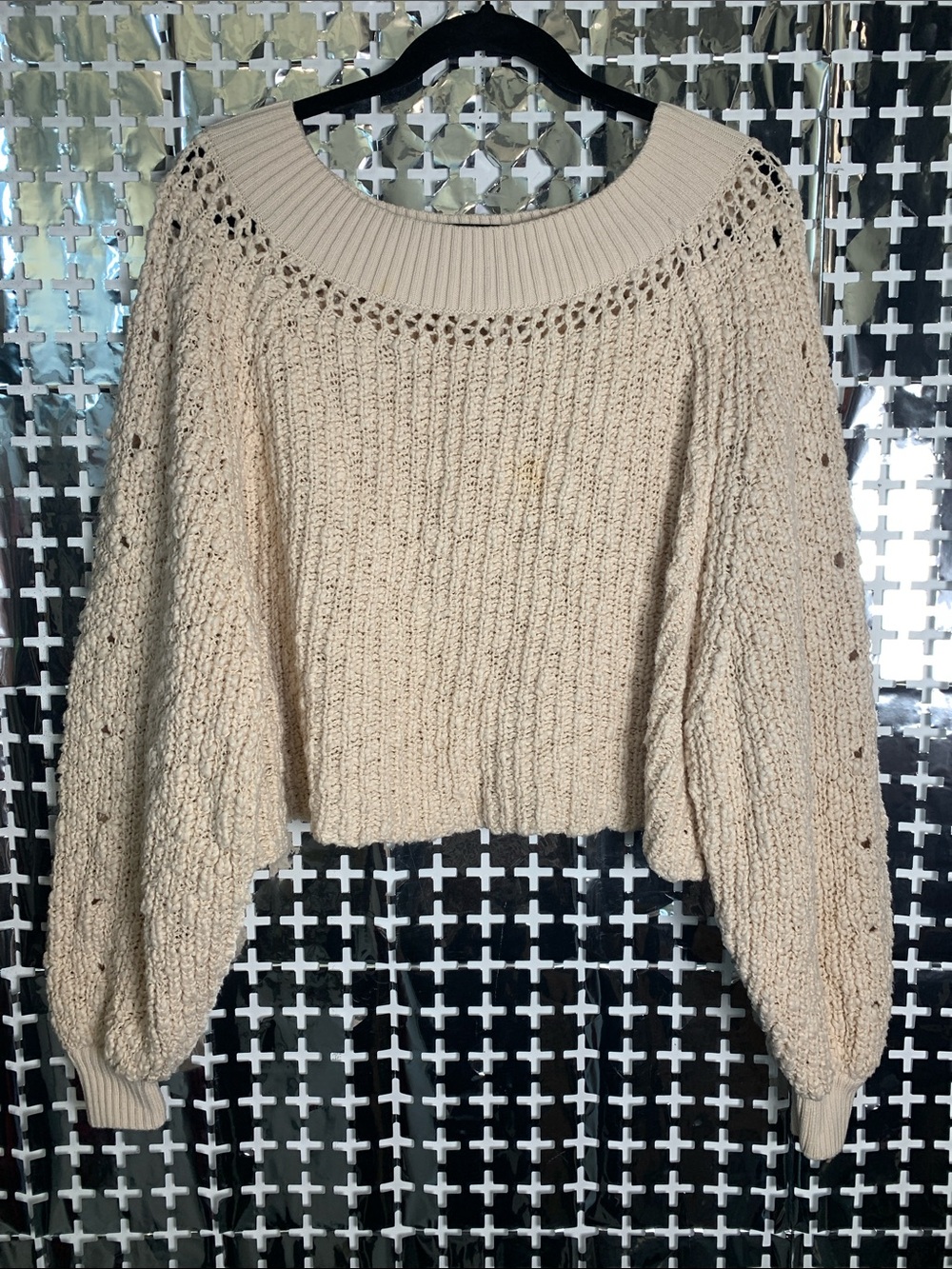 Free People Cream Crochet Yoke Scoopneck Sweater